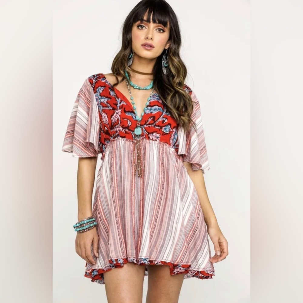 Free People Mini Dress Red Babydoll Swing Bottom Tunic Stripe Floral S NEW